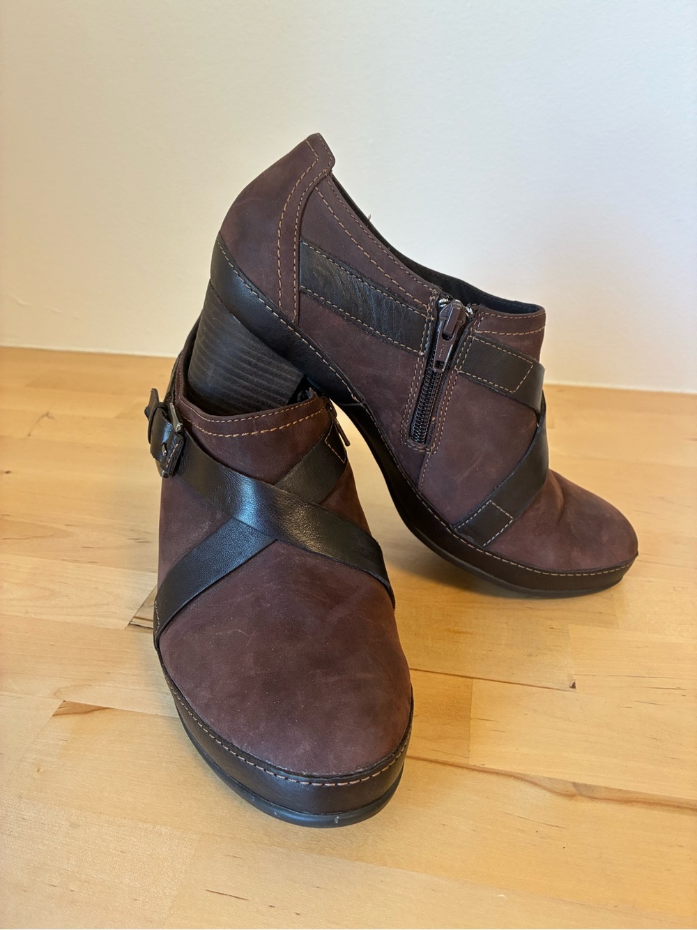 Clarks Brown Leather Cross-Strap Ankle Booties with Side Zip